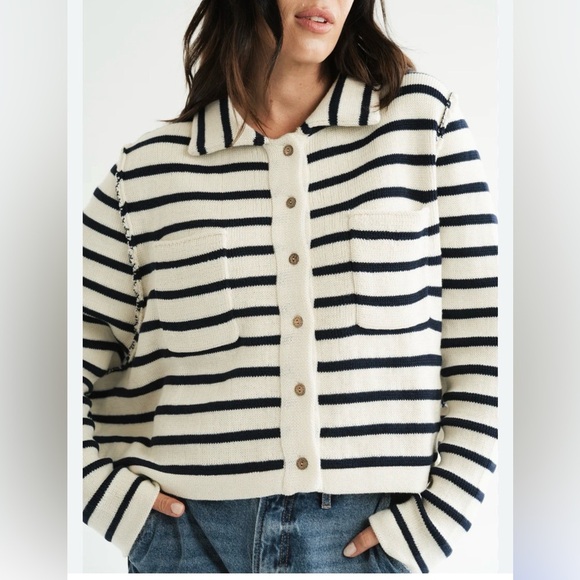 Big Water Blue Sky Sweaters - Big Water Blue Sky Lizard Thicket Hattie Navy blue strips Sweater Cardigan Sz Lg
